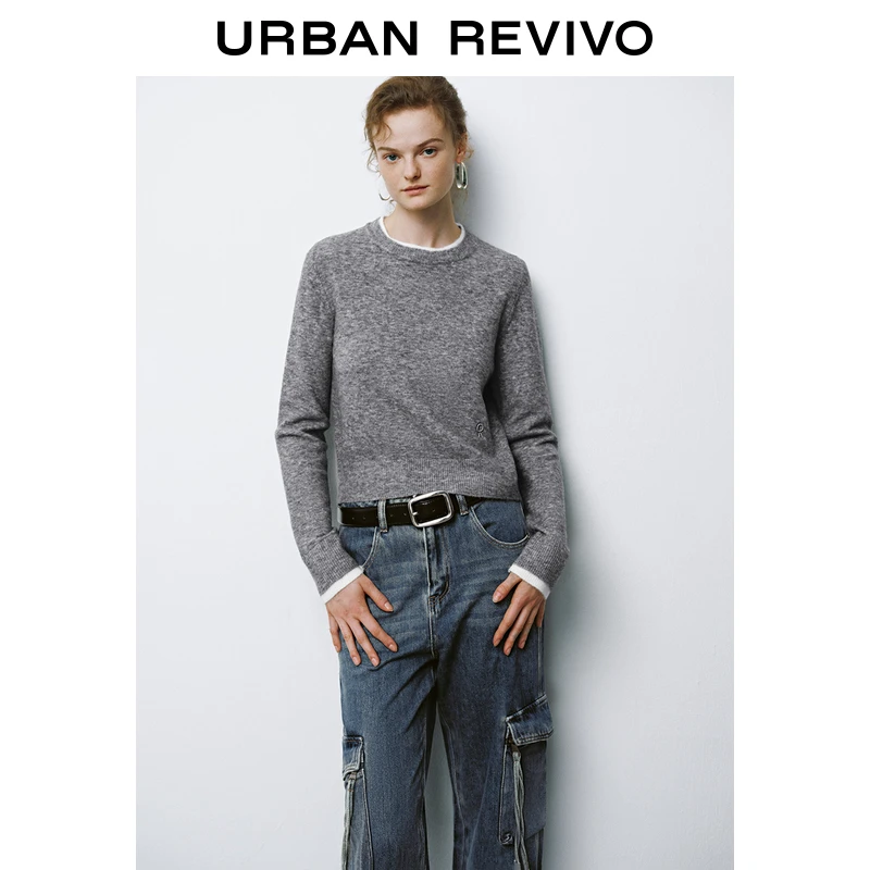 UR冬季新款女装时尚撞色圆领钉珠字母针织衫UYY940090