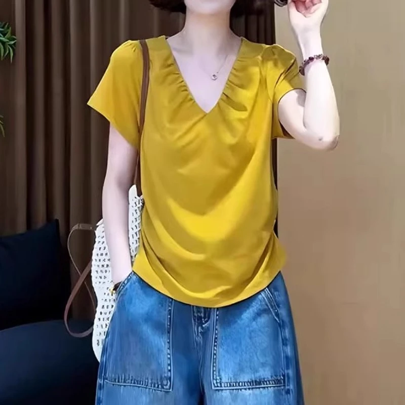 慵懒风褶皱收腰V领短袖T恤夏季薄款胖MM大码女装显瘦小众气质上衣