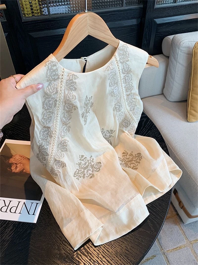 2025新款花朵重工刺绣无袖圆领背心女夏季小众复古慵懒气质上衣