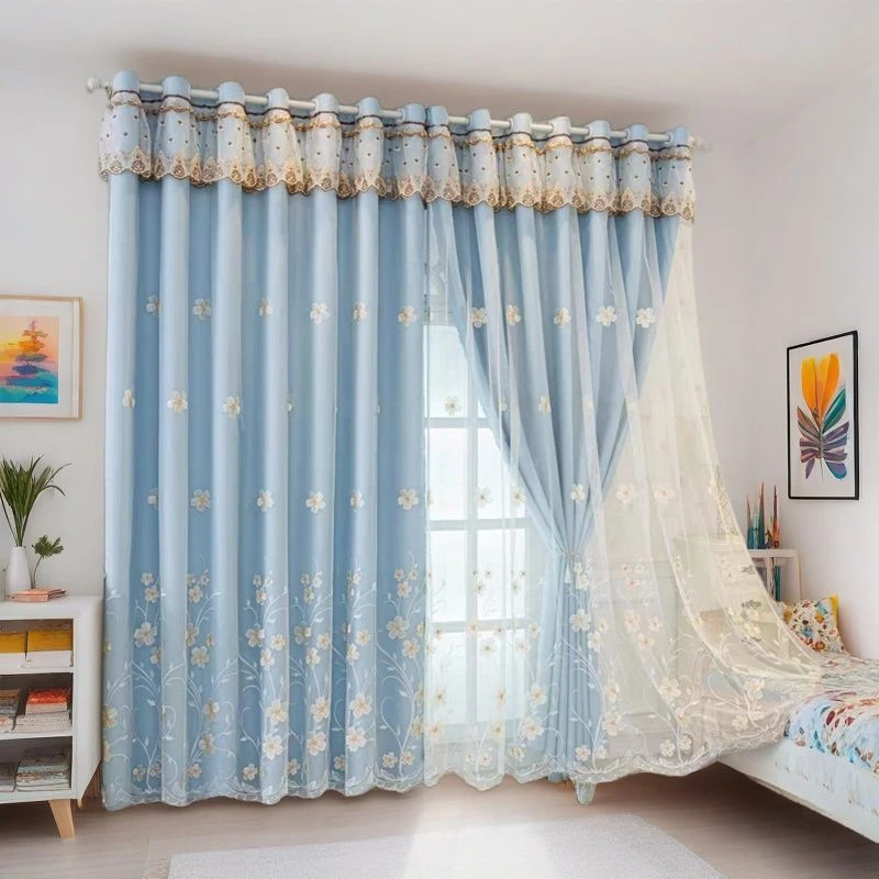 简约北欧双层带纱布纱一体遮光落地窗帘布遮光卧室2025新款主卧
