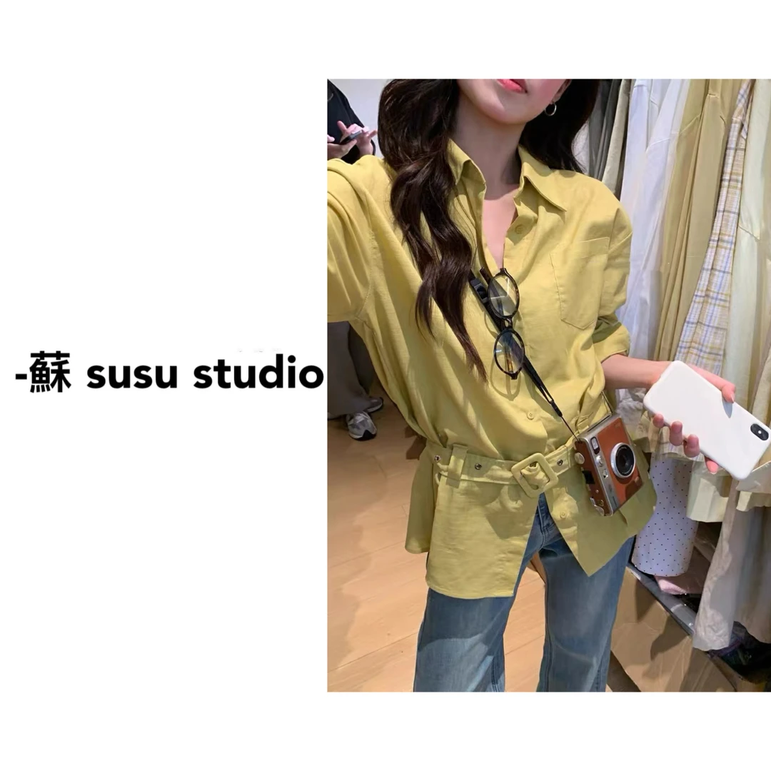 ZX6176春季时尚配腰带修身长袖衬衫女韩版气质衬衣上衣女