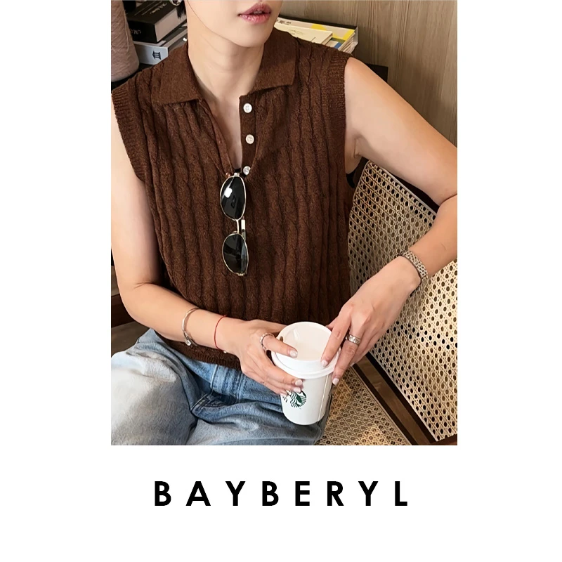 BAYBERYL老贝Polo领绞花纸纱无袖针织背心ZZS5D0302-4/19