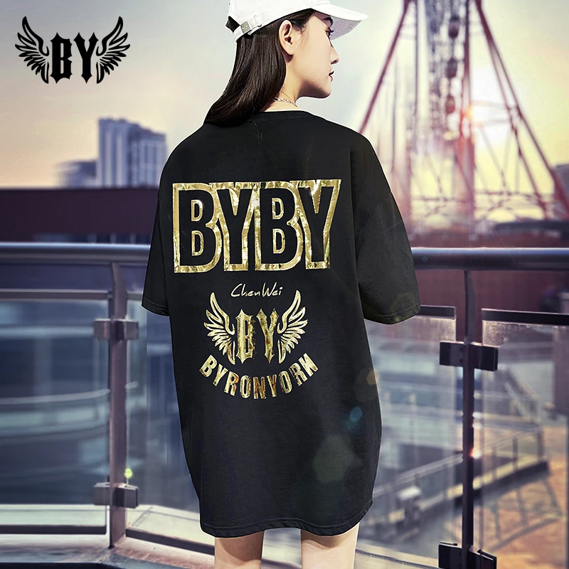 BY新款潮牌闪耀字母圆领短袖T恤/男女同款纯棉夏季百搭爆款洋气