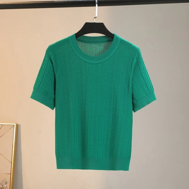 2025夏季冰丝圆领T恤绿色修身短款纯色百搭薄打底衫单穿套头上衣