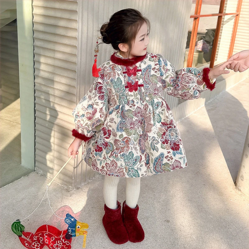 女童棉服冬装洋气中小童宝宝加厚棉袄中式碎花连衣裙棉衣冬款上衣