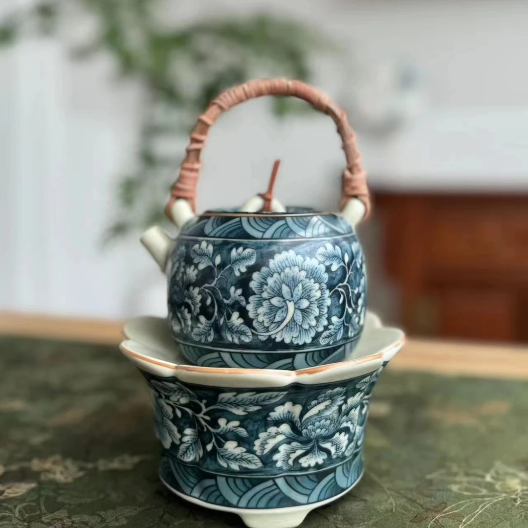 纳兰-汝窑繁花牡丹藤编提梁壶繁花储水壶承(NL015012A+NL015013A)