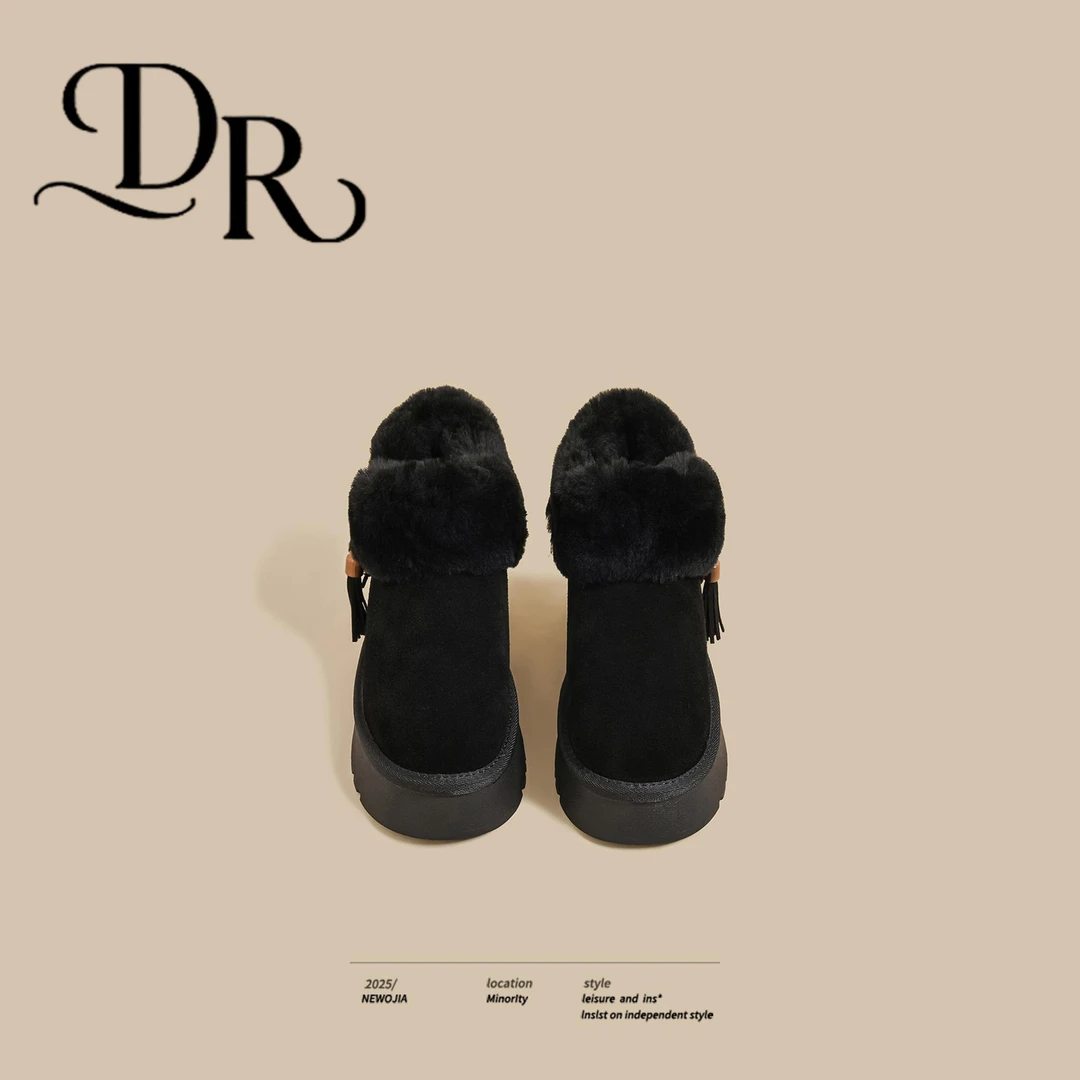 【PVKB&专柜女鞋】厚底加绒雪地靴女黑色流苏加厚东北鞋串珠毛毛鞋