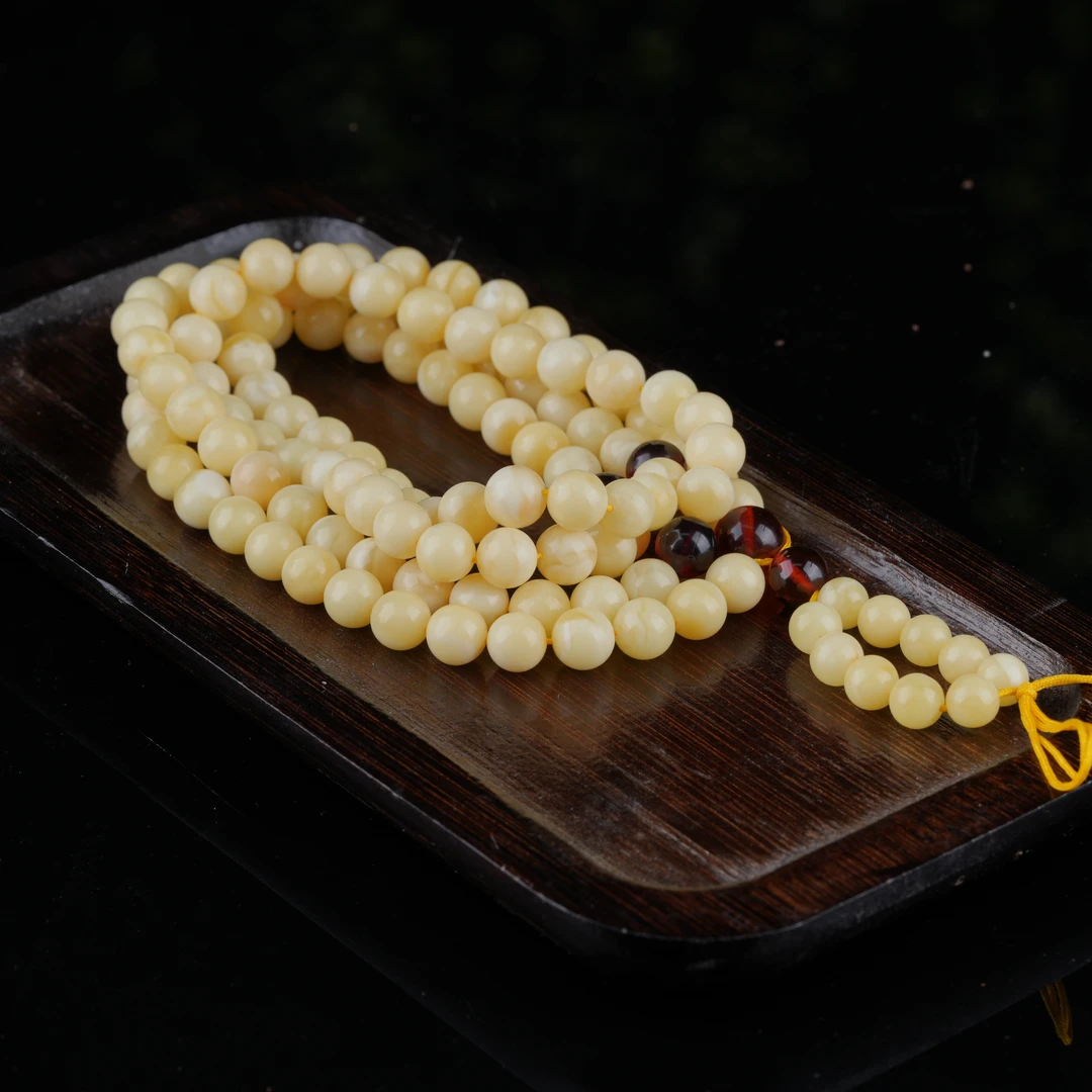 俄料琥珀白花蜡8m+圆珠108项链