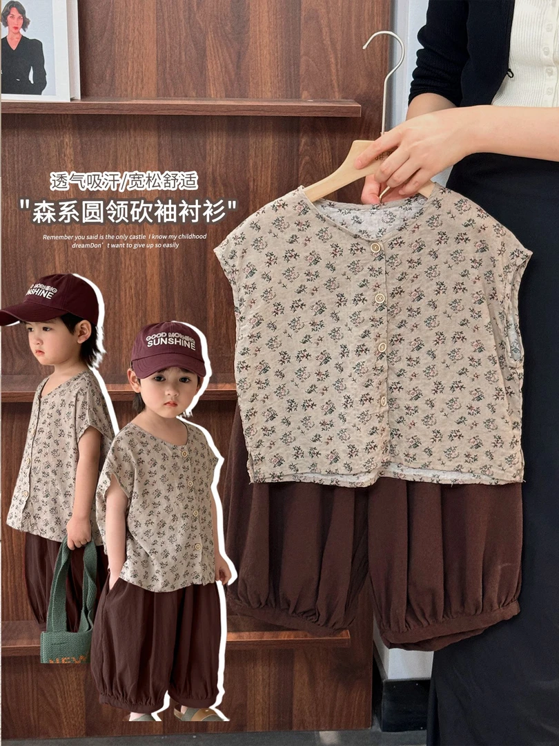 《夏上新》森系男童女童圆领碎花落肩无袖衬衫25XL1220韩版中小童