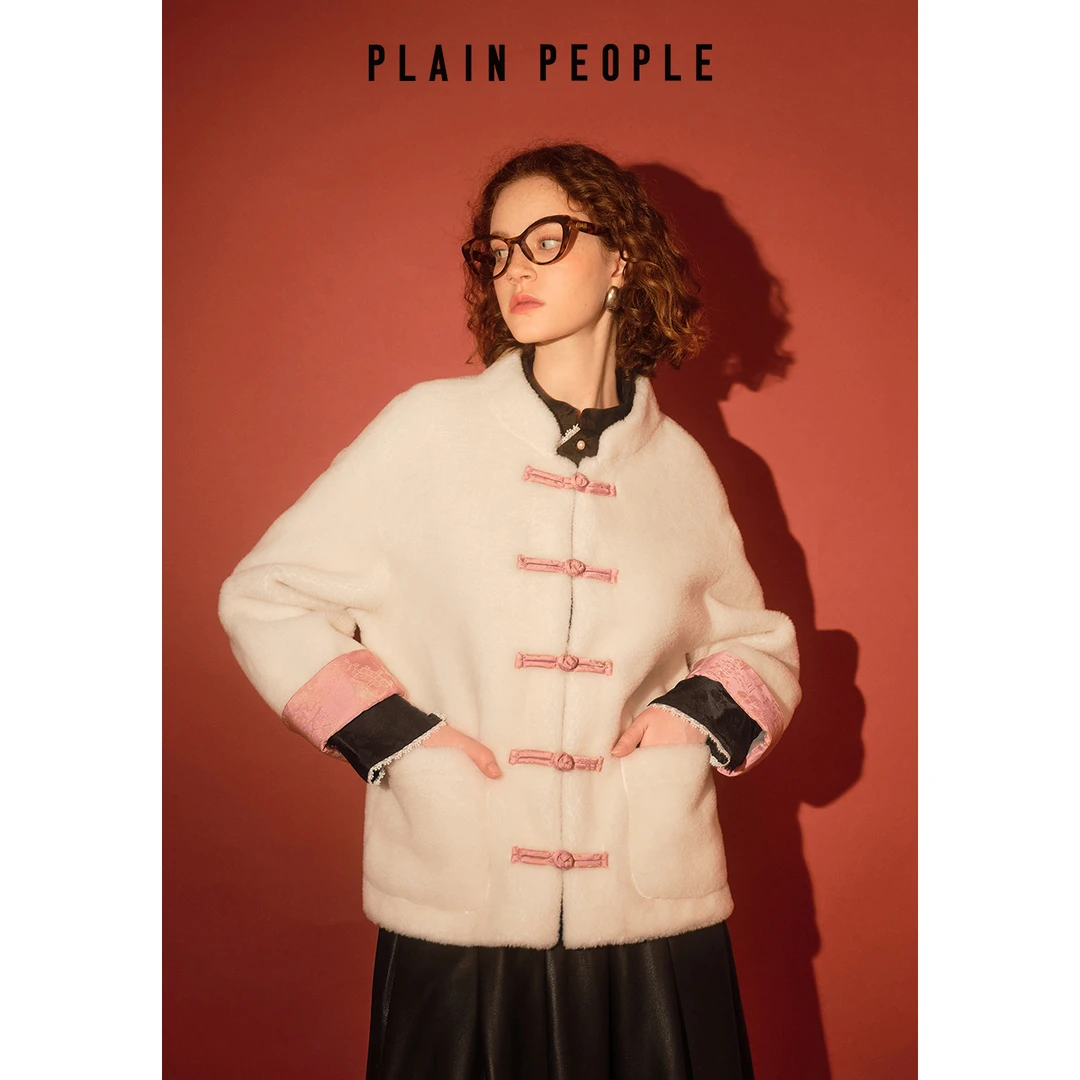 PLAIN PEOPLE新中式绵羊毛撞色落肩袖米白短外套大衣2025冬季新品