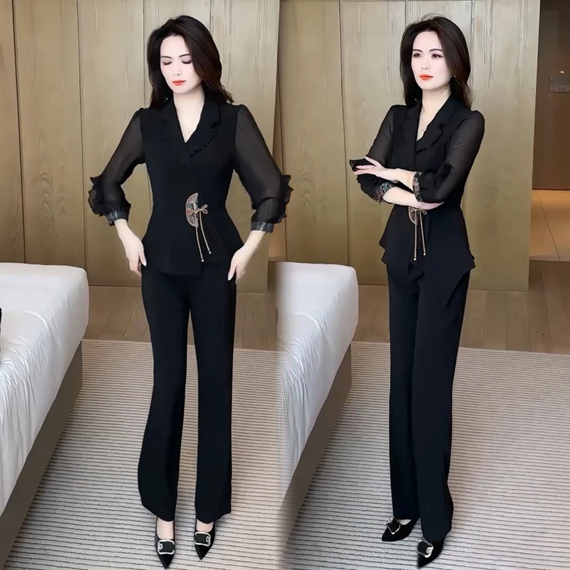 La babite时尚套装女2025秋款国风上衣微喇叭裤显瘦气质两件套