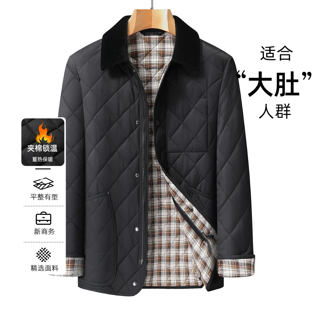 冬季新款男士休闲外套加厚保暖菱形格棉服中老年男士大码毛领棉衣