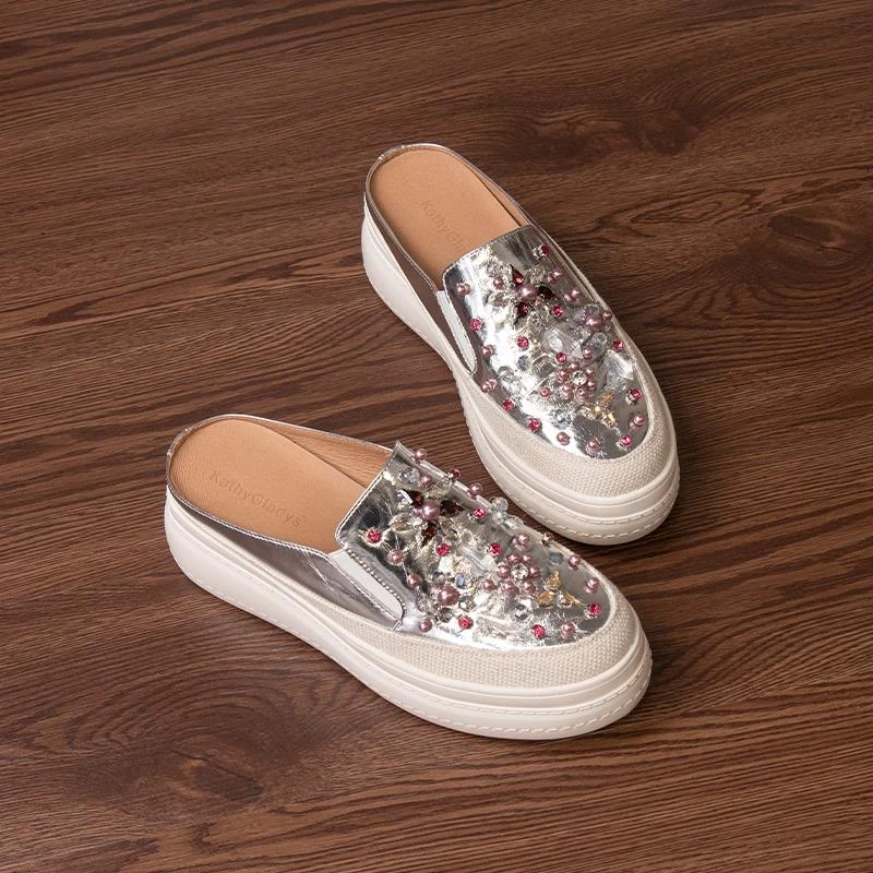 夏季套脚厚底单鞋女新款浅口增高显瘦水钻松糕鞋民族风新款银色