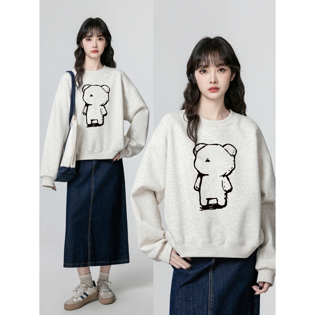 韩系慵懒风胖mm正肩卫衣女2025秋冬季宽松大码显瘦圆领套头上衣潮