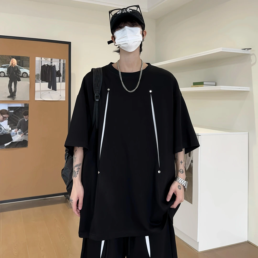 美式高街铆钉短袖套装男夏季休闲宽松大码百搭t恤短裤帅气两件套