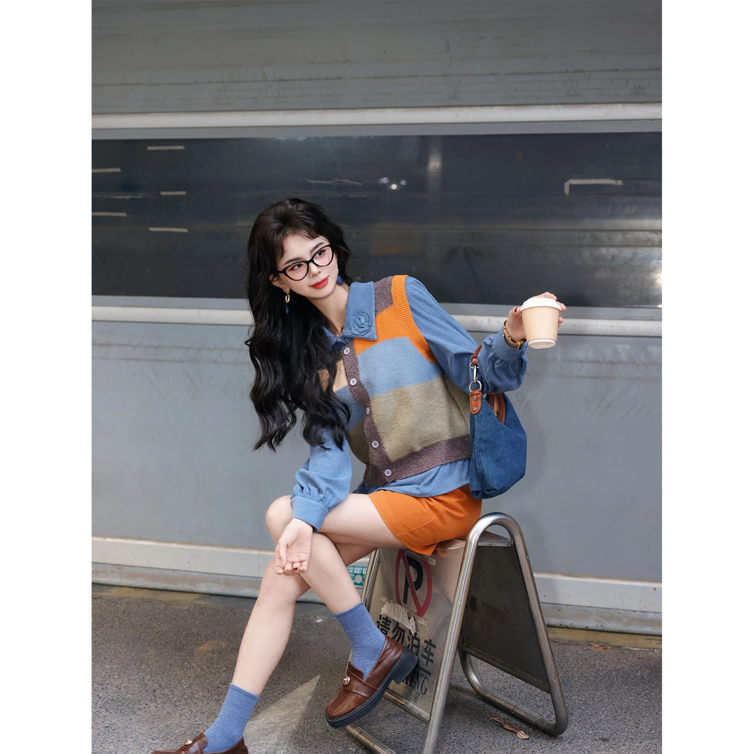 陈佳洁【初霞】港风复古拼色百搭针织显瘦马甲JR3882217
