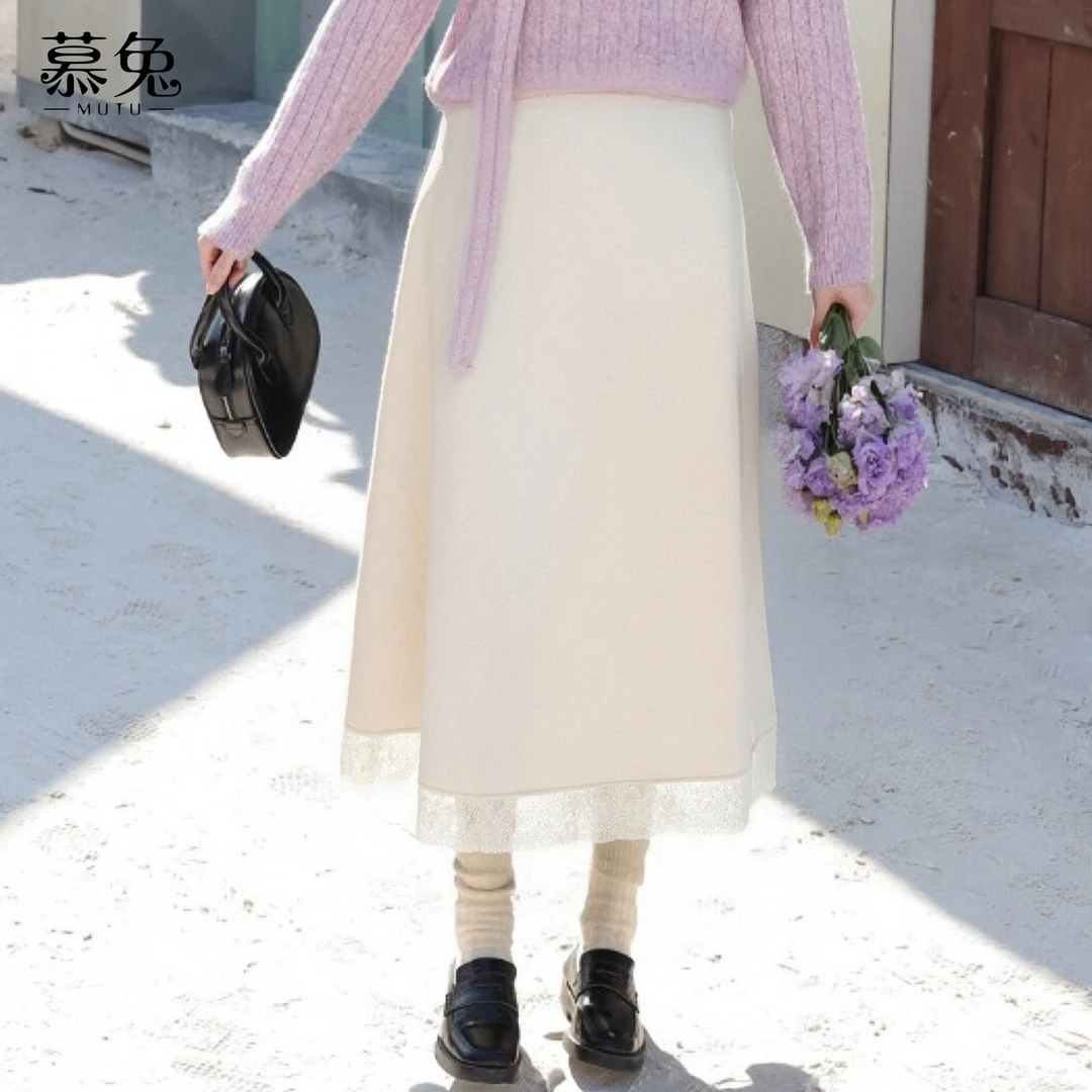 【加绒呢子】慕兔法式气质蕾丝拼接半身裙女2025冬季新款高腰显瘦