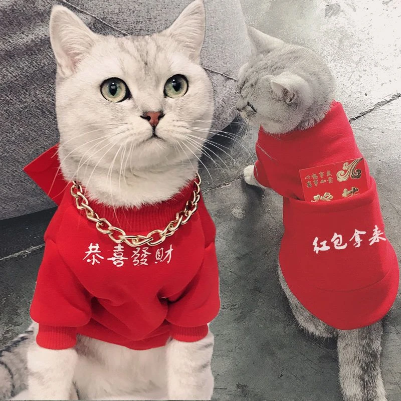 秋冬过年衣服猫咪衣服可爱小猫新年保暖加绒加厚红色喜庆卫衣