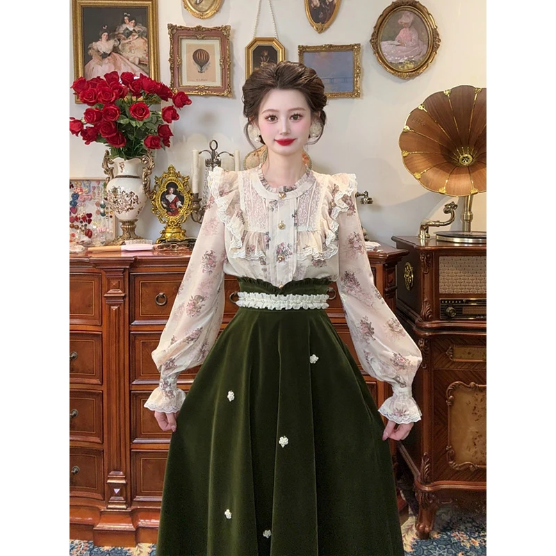 现货一生罗曼【流光花语】法式荷叶边碎花蕾丝显瘦长袖衬衫Y5522