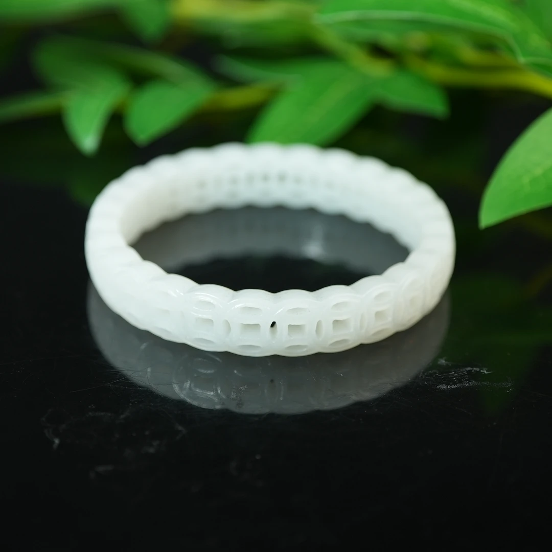 清代和田白玉镂空钱纹手镯ALF241228001