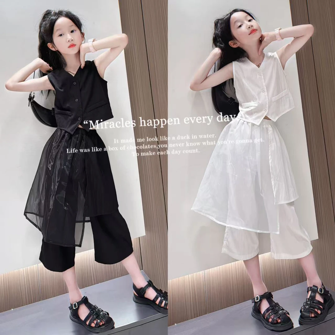 女童马甲两件套装夏季2025新款大儿童背心设计感假两件拼接裤子薄