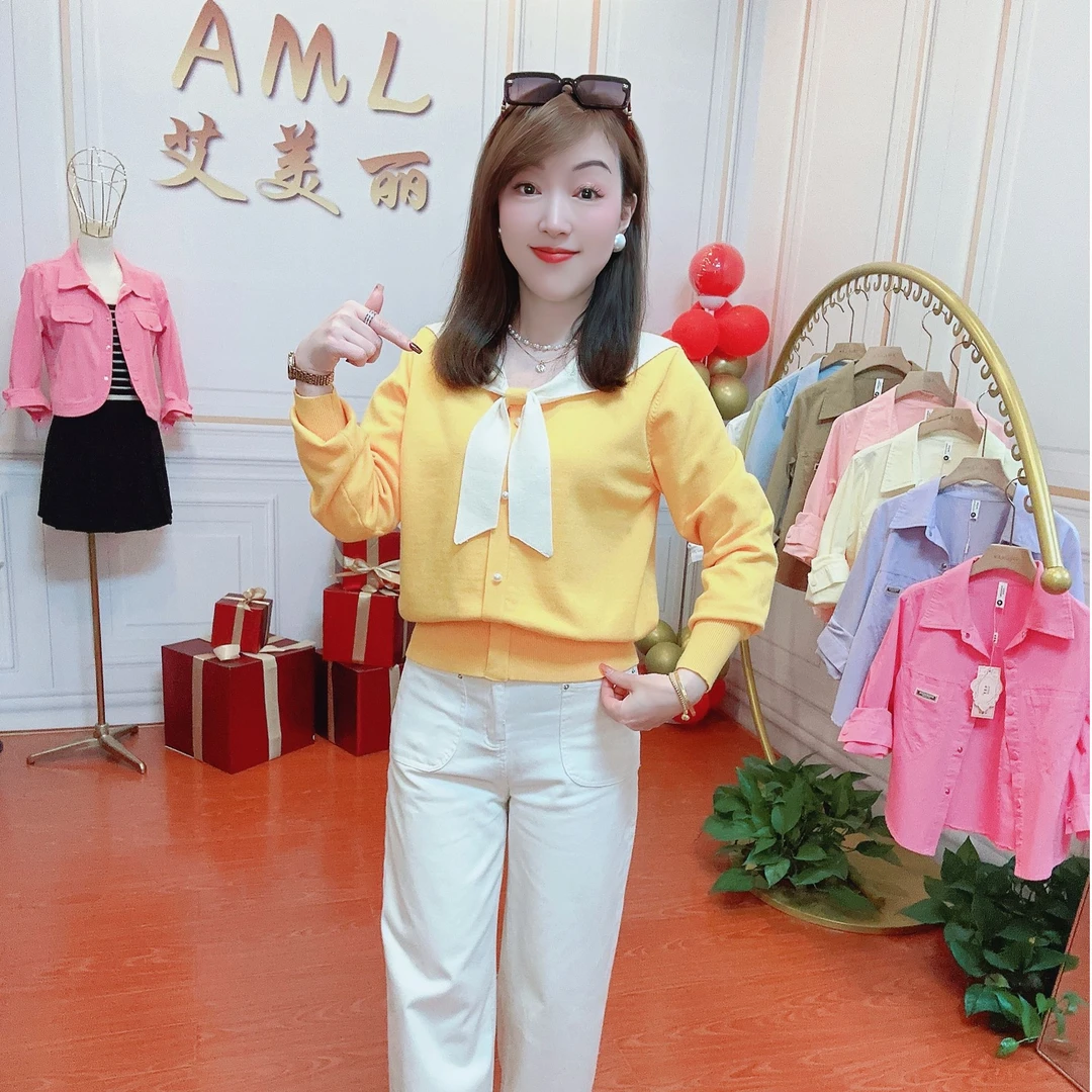 AML3 蝴蝶结撞色拼接时尚洋气减龄百搭洋气2025春装新款针织上衣