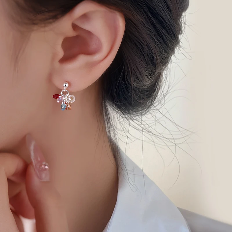 925银合成锆石耳饰 纯银彩色串珠耳钉女2025流苏耳饰养耳洞不用摘