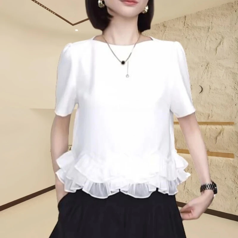 【莫奈花园】新款时尚气质优雅百搭圆领短袖T恤设计小众荷叶边上衣