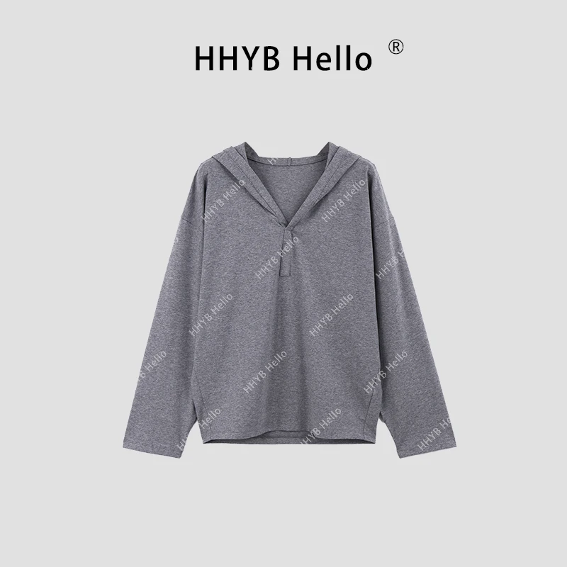 HHYB Hello【Q】v领连帽宽松长袖上衣休闲卫衣女H10050