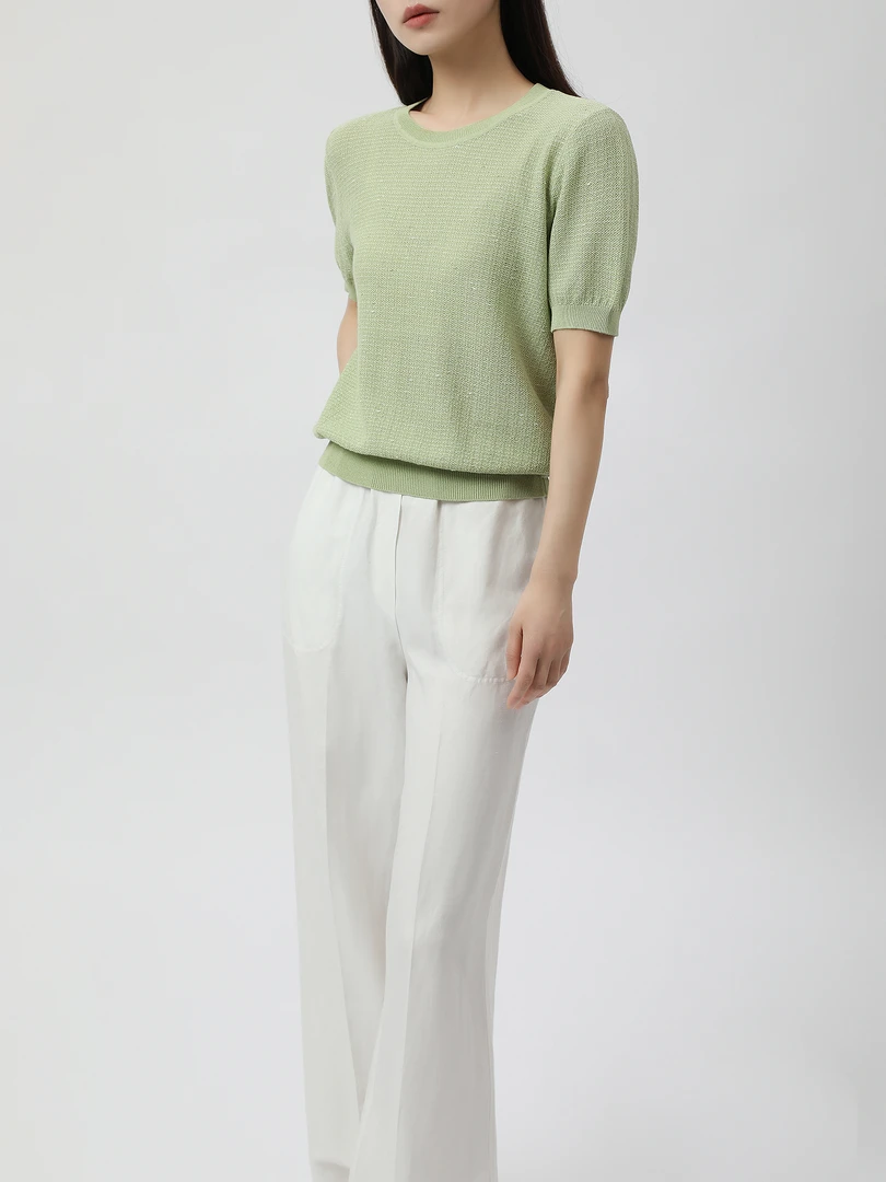 玛氏嘉敏 新品日本环保和纸纱精致圆领针织衫 短袖上衣651054