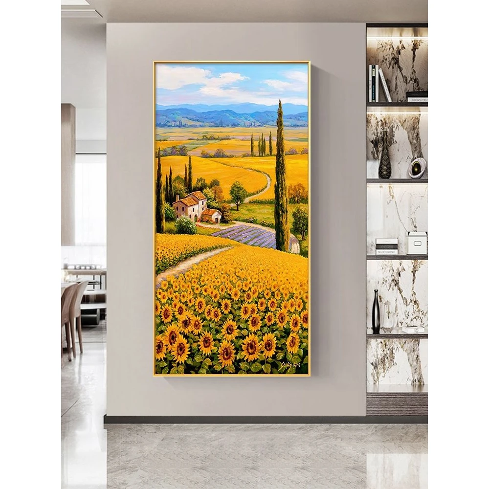高端质感走廊过道挂画丰收稻田挂画向日葵装饰画玄关正对门艺术画