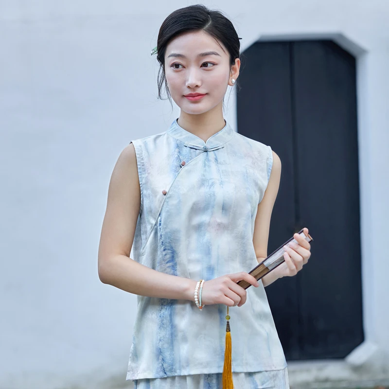 二喜茶服夏中国风上衣女禅意复古晕染禅意新中式小衫无袖旗袍上衣