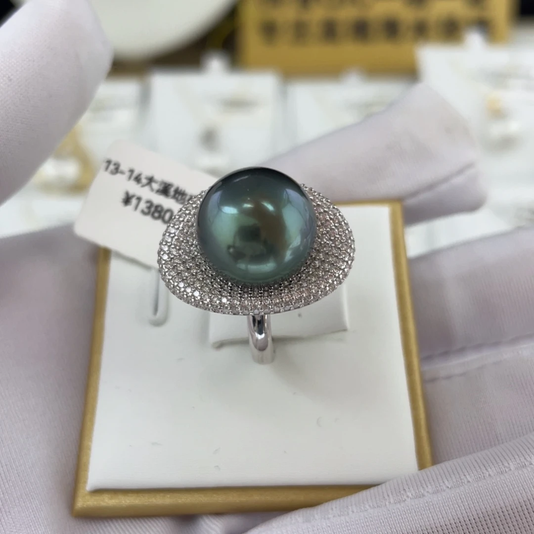 戒圈银S925镶嵌海水珍珠大溪地海水珍珠戒指13-14mm