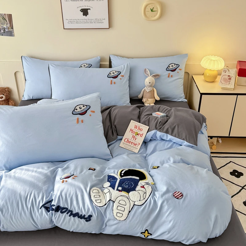 儿童宇航员卡通毛巾绣床笠款四件套男孩宿舍床单被套三件套非纯棉