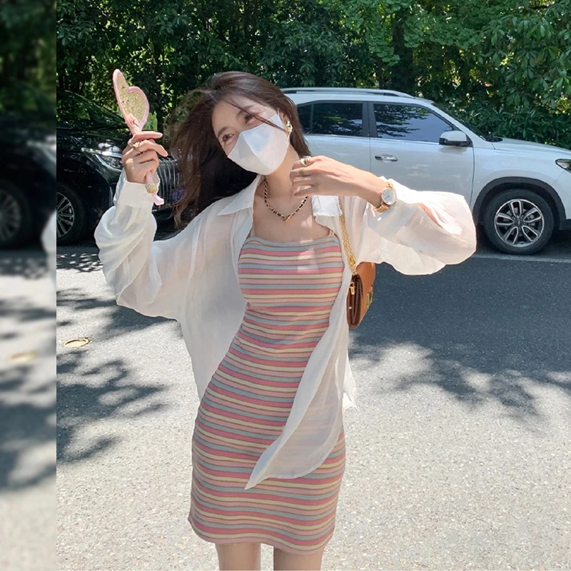 彩虹条纹吊带裙小个子连衣裙海边度假短裙夏天高级感修身百搭长裙