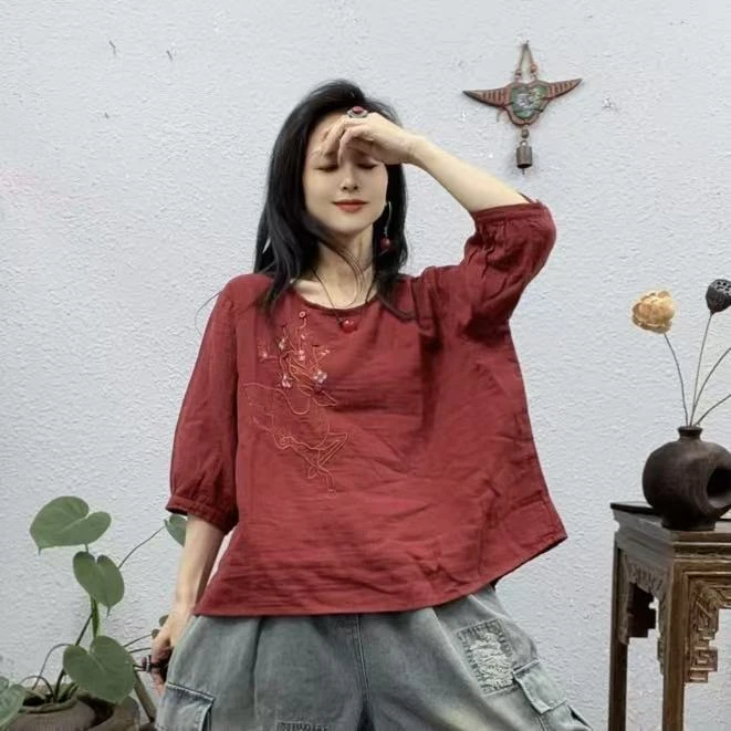 30375左胸绣鹿双层纱圆领上衣（前58后62胸围122