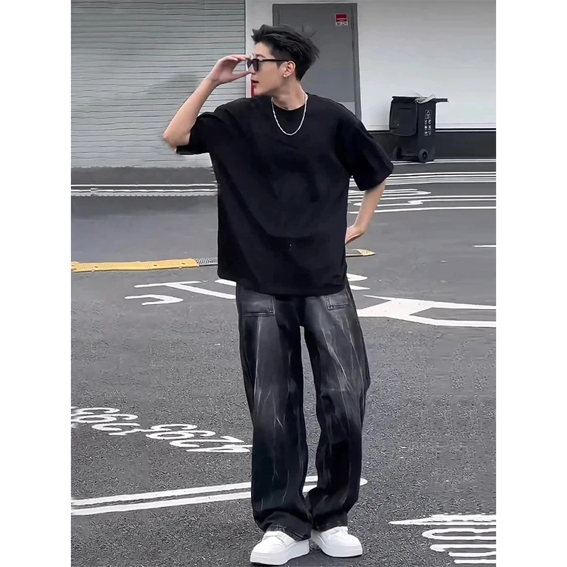 黑色320g重磅正肩t恤男夏季新疆长绒棉短袖高级感小领口美式半袖