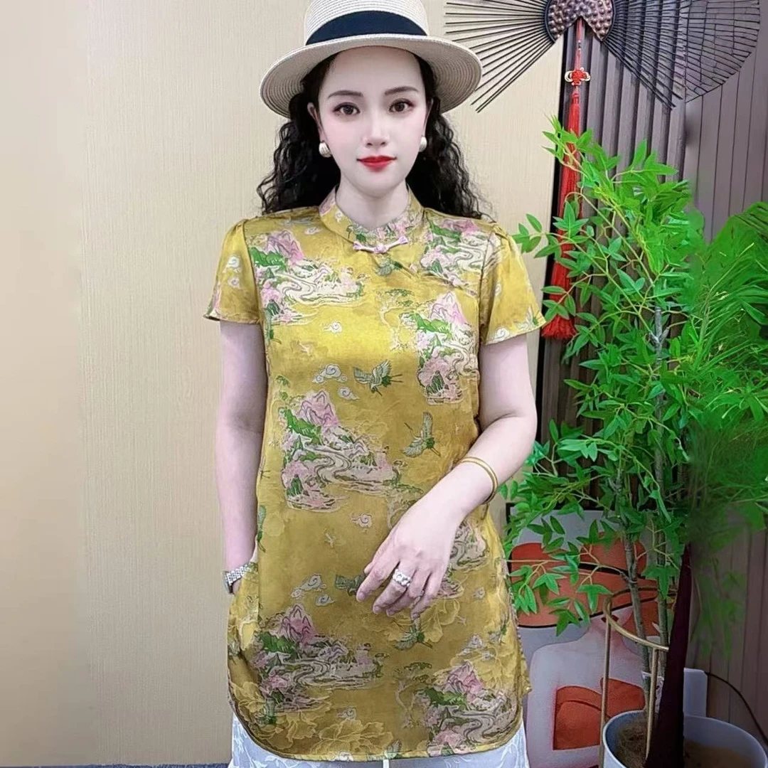 2025夏季新款新中式复古印花中国风重磅短袖上衣显瘦气质时尚