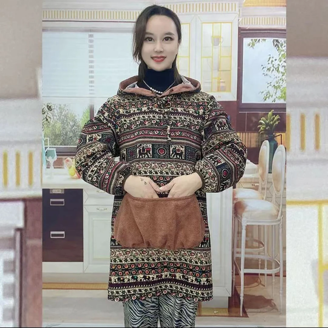 [大口袋围裙]时尚民族风长袖大象条纹新款厨房防水防油污双层罩衣