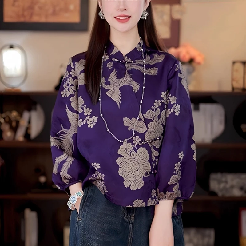新中式国风紫色斜襟盘扣提花衬衫女2025早秋洋气减龄小衫唐装上衣
