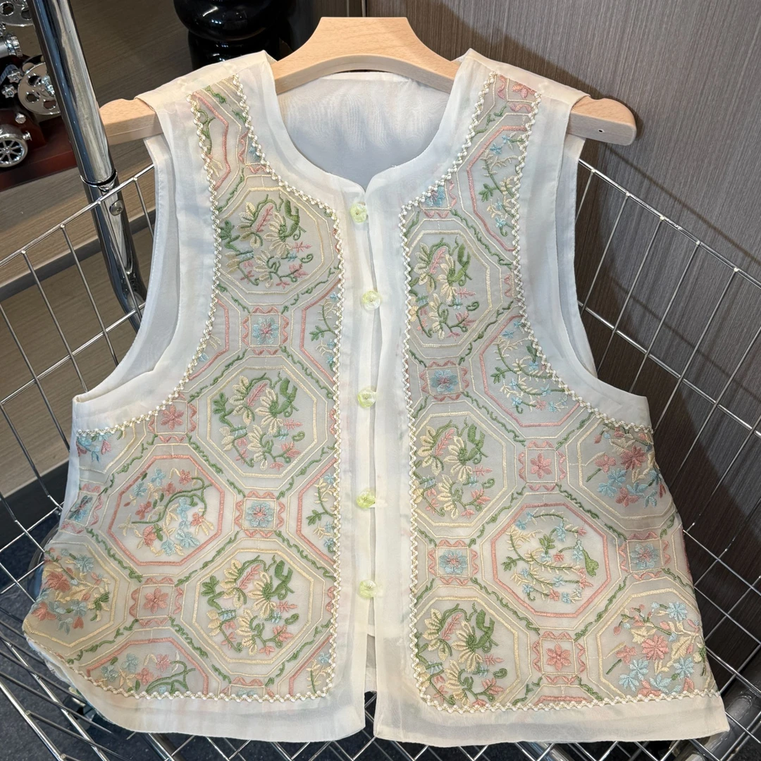 【夏薇】夏季2025新款马甲女装新中式宽松圆领绣花薄款气质上衣马夹