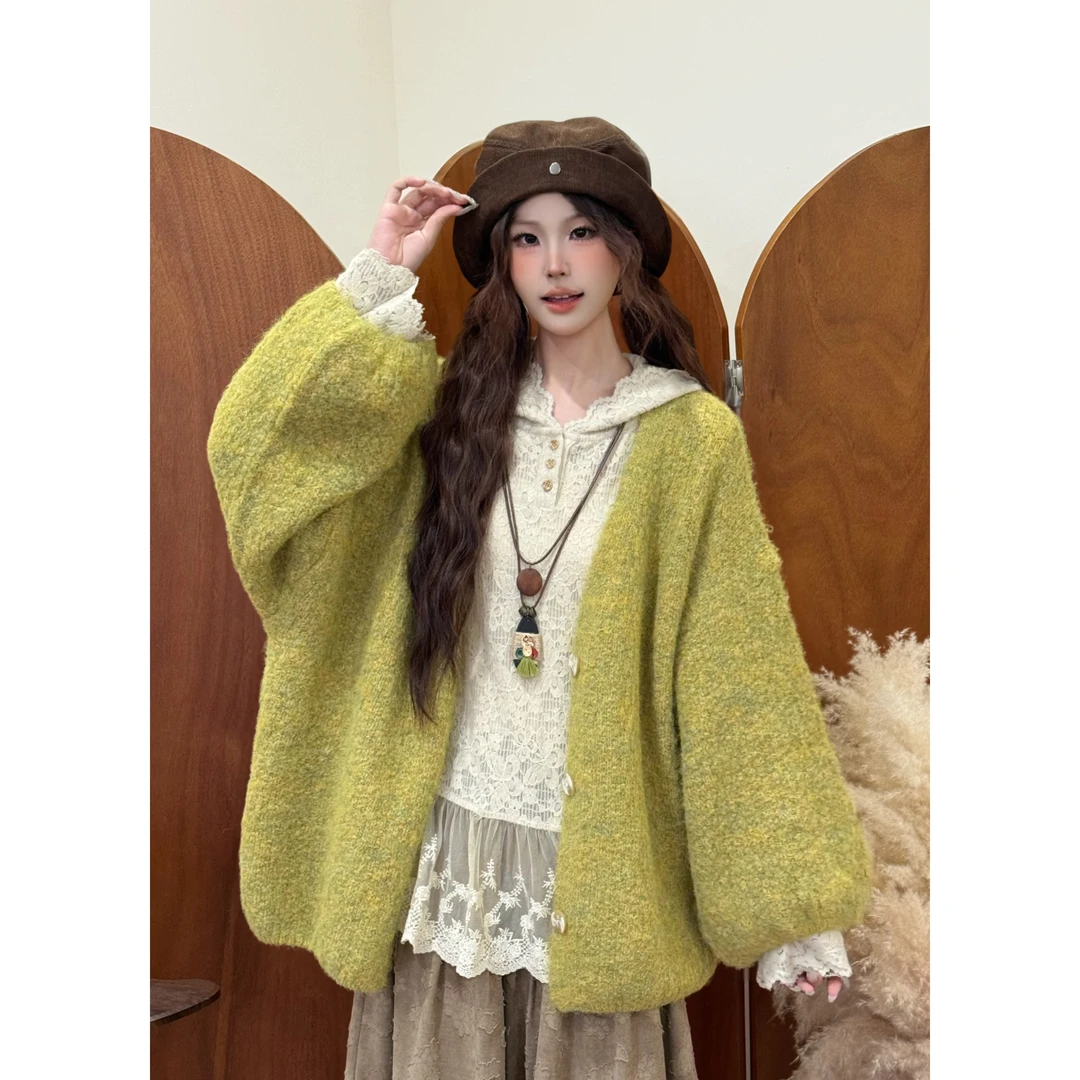 VGVL宽松型女灯笼袖显瘦毛针织衫女装慵懒风开衫毛衣外穿50198
