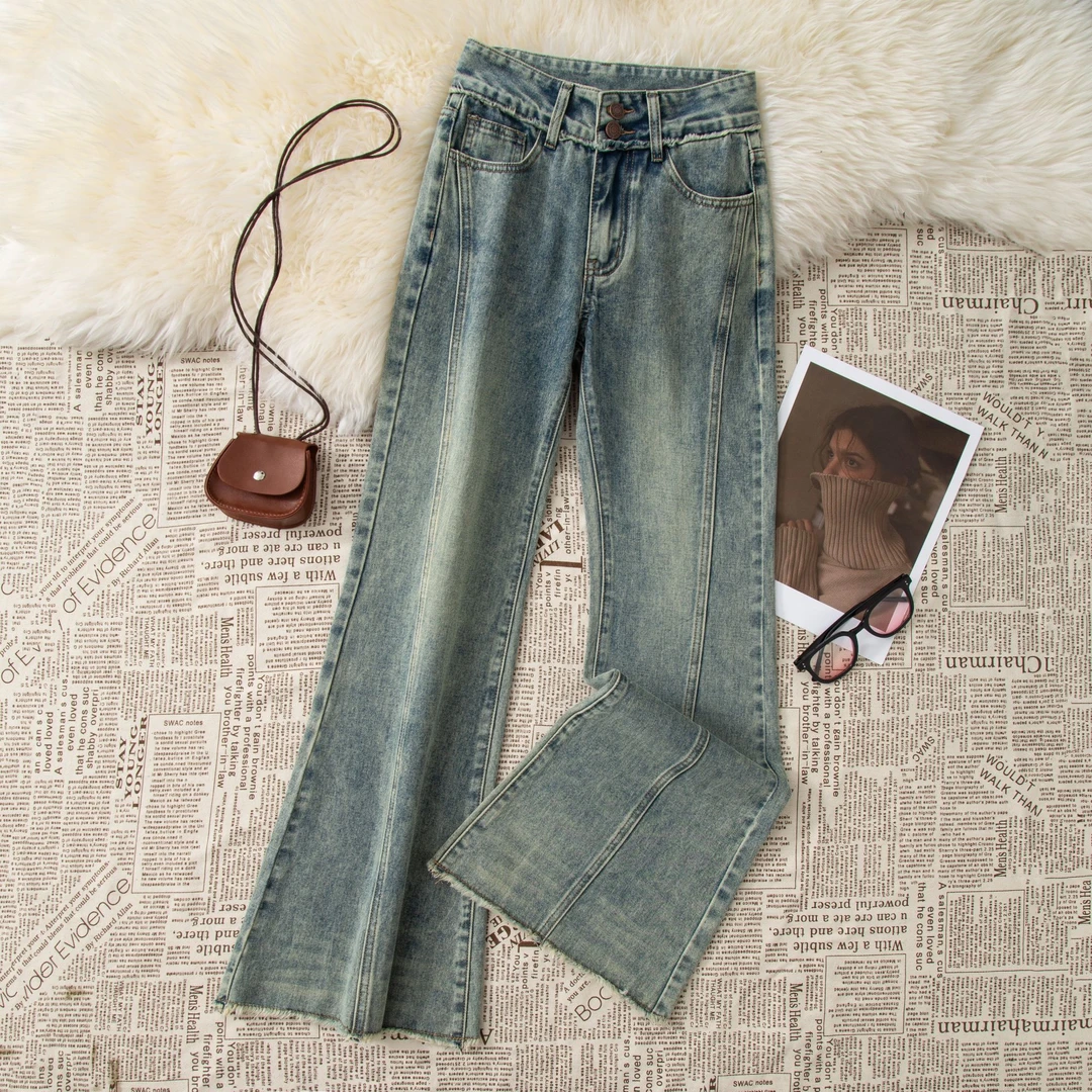高腰微喇牛仔裤女2025秋冬新款宽松阔腿设计感显瘦喇叭拖地马蹄裤