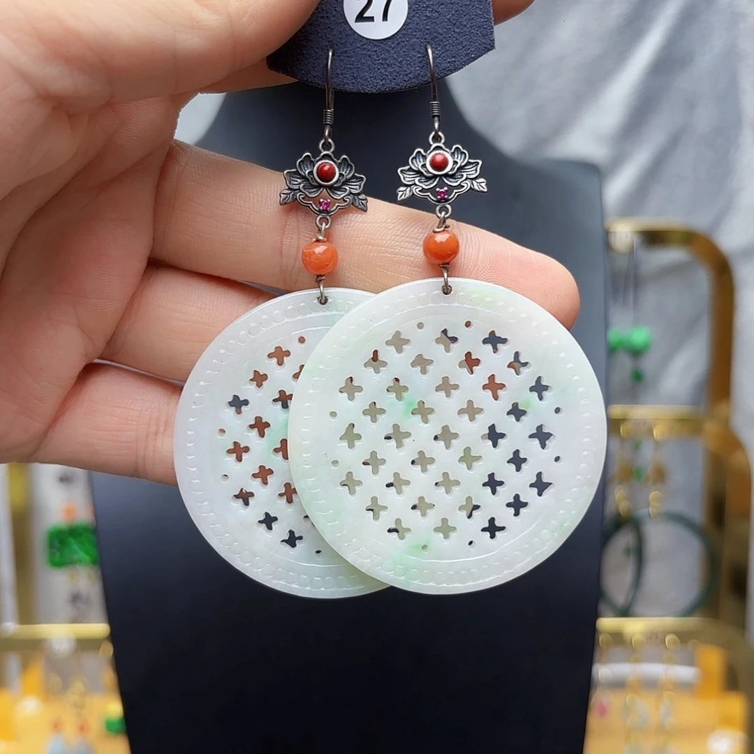 多***9翡翠银S925镶嵌耳饰翡翠