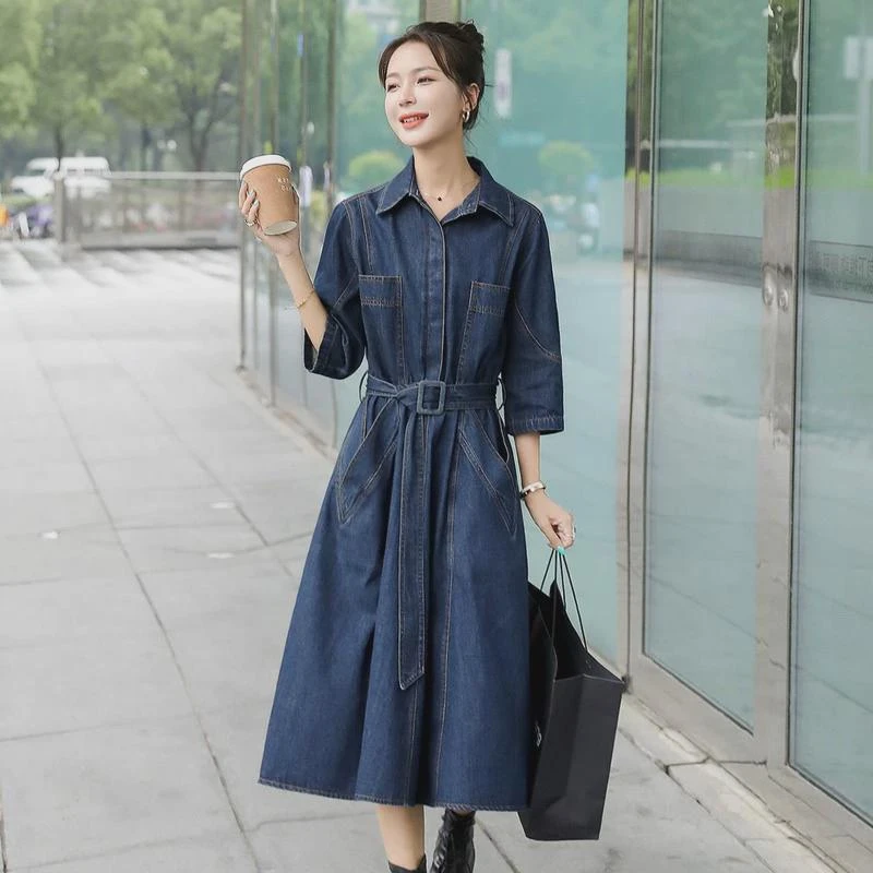 早秋季过膝超长款女韩版复古气质收腰七分袖牛仔衬衣连衣