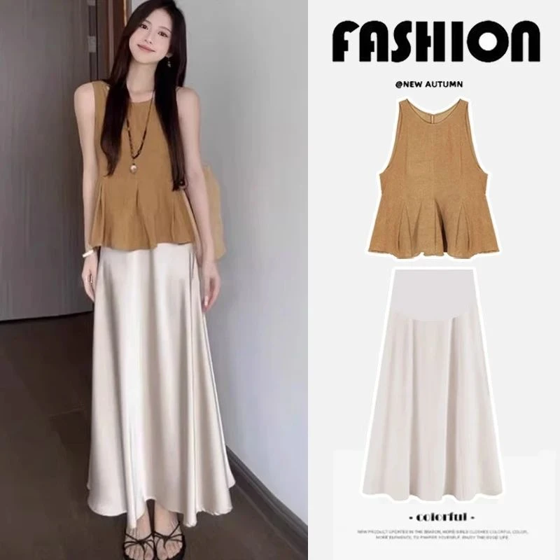 时髦孕妇半身裙夏季2025新款宽松褶皱显瘦无袖背心上衣女夏装套装