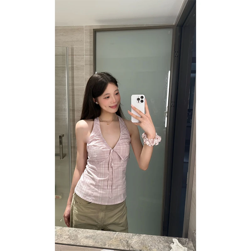 美式复古条纹挂脖吊带背心纯欲辣妹上衣卡其色拼接工装牛仔裤长裤