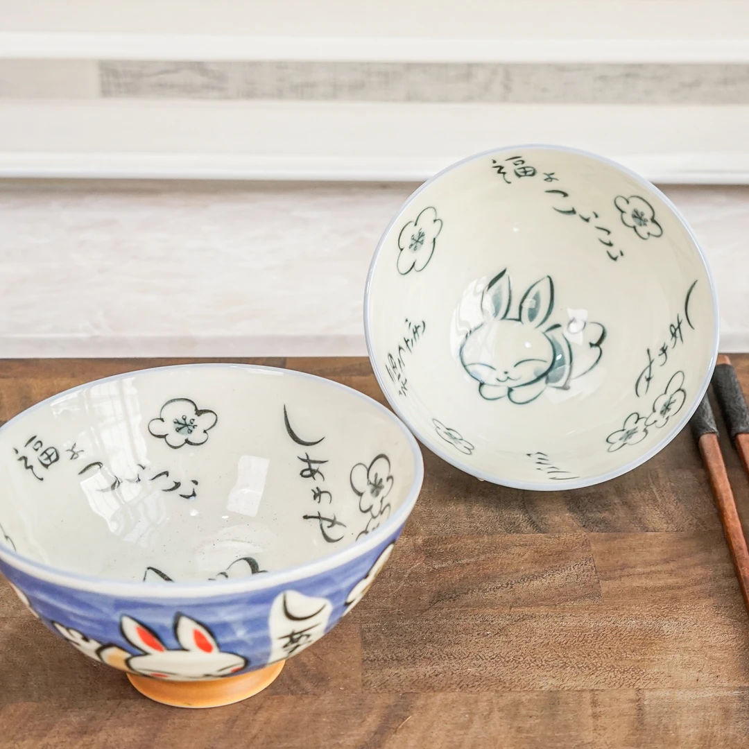 日本月兔陶瓷碗日式高脚碗老虎图案碗家用米饭碗亲子碗