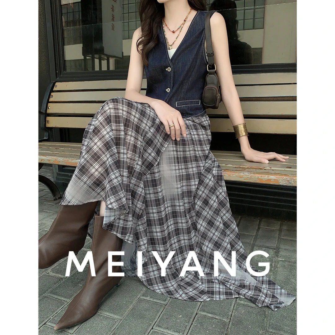 A美洋MEIYANG 灰羽半身裙【商场同款】 雪纺格子轻半身中长裙-周四