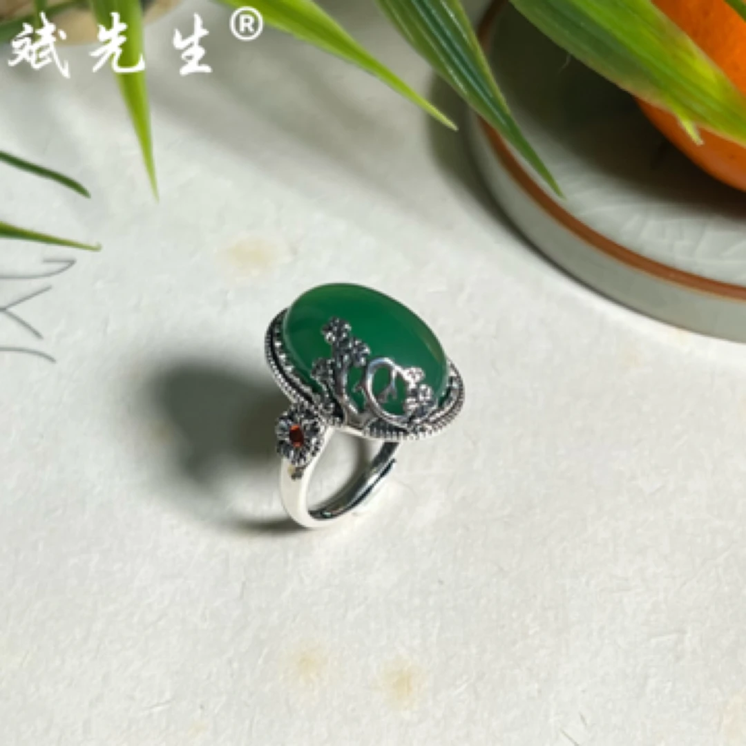 【斌先生】天然绿玛瑙 925银梅花戒指 开口可调节